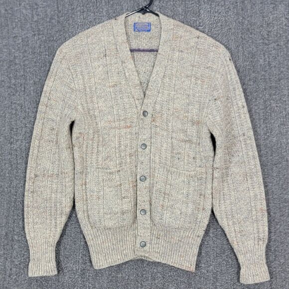 Vintage Pendleton Sweater Mens XL Beige 100% Pure Virgin Wool Cardigan USA Made - Picture 1 of 12